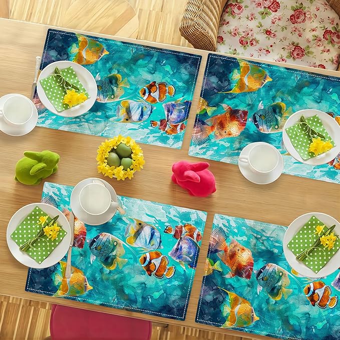 Fishing Placemats Set of 4 Colorful Fish Place Mats Heat Resistant for Dining Table Ocean Animals Fishes Waterproof Washable Table Mats Kitchen Dining Decoration 4 PCS