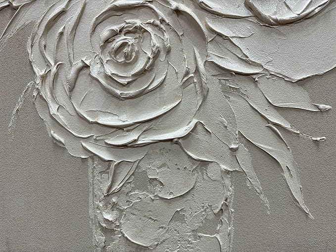 moshinart 24 x 36in Hand-Painted Oil Painting 3D Texture Black White Grey Modern Minimalist Black Abstract Wall Art, Home Office Wall Decoration White Rose