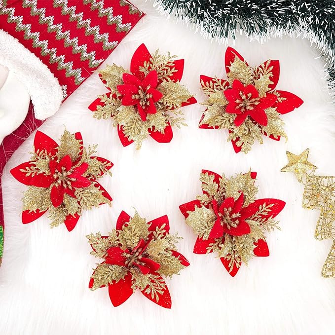 Zhuqing 15Pcs Christmas Poinsettia Artificial Flowers Decorations, Glitter Poinsettia Christmas Tree Ornaments, Red Tree Flowers for Xmas/Party/Holiday/Wreath/Garland Decor, with Cilps, 5.5 Inch