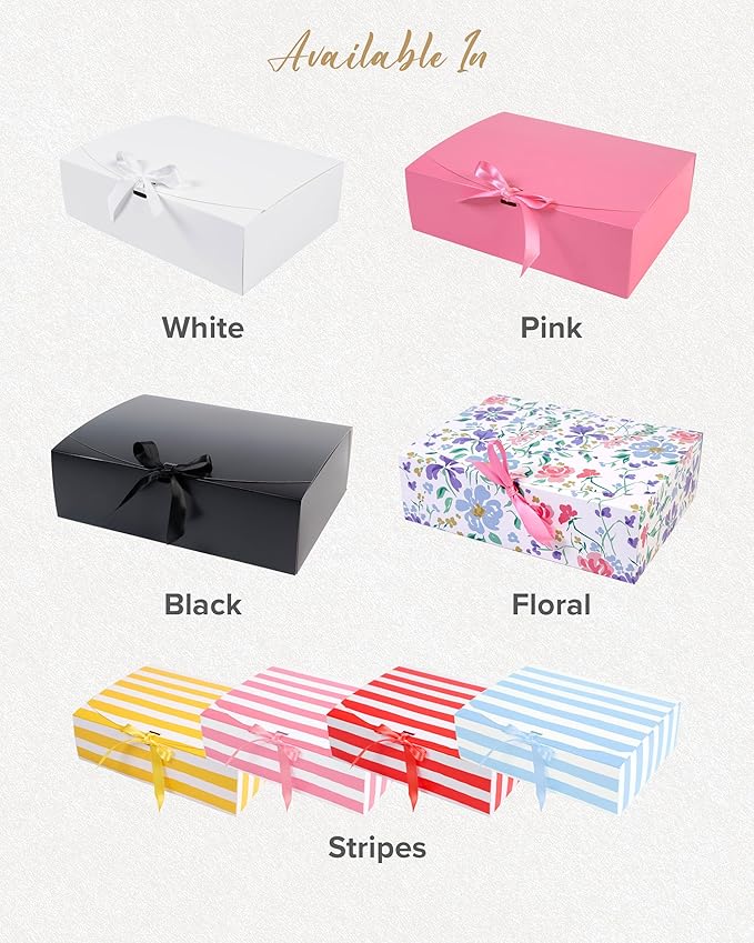 HummingBox White Gift Box Set of 16 - Gift Boxes for Presents & gifting on weddings, birthdays & more - Easy to Assemble White Gift Boxes With Lids & Ribbon Closure - Decorative Boxes With Lids