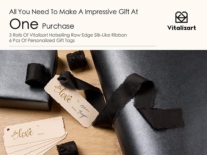 Vitalizart Black Wrapping Paper Set 30" Pearly-Lustre With Silk Like Satin Ribbon & Gift Tags Recyclable Christmas Gift Wrapping Birthday Baby Shower Wedding Handmade Crafts 197"(16.4 Ft)