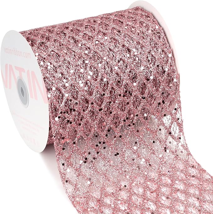 VATIN 6" Rose Gold Christmas Ribbon, Rose Gold Glitter Mesh Diamond Web Sequin Dots Wired Christmas Ribbon, Fall Ribbon for Gift Wrapping Bow Making Wreath Supply-10 Yards