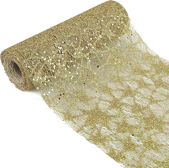 MEEDEE Gold Glitter Mesh Star Web Ribbon 10 Inch Wide by 10 Yards Roll Gold Mesh Fabric Ribbons Decorative Mesh Ribbon for Christmas Tree, Garland, Holiday Crafts, Wreaths, Bows, Home Decor