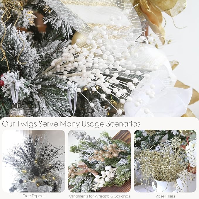Sea Team 24-Pack Artificial Glitter Berry Stem Ornaments, Decorative Bead Sticks, Glittery Twigs, Picks, Branches for Christmas Tree, Small Vase, Holiday, Wedding, Party (17 Inches, White)