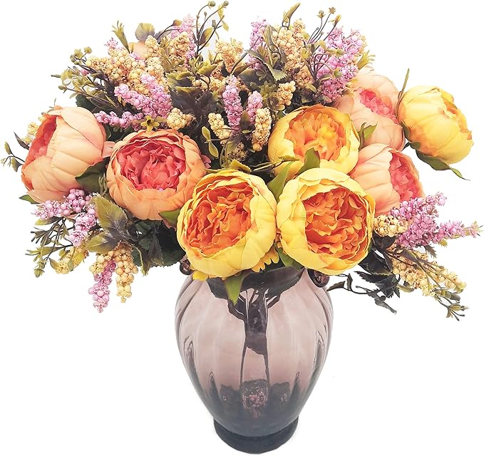 2pcs Artificial Peony Bouquets,19 Inch Silk Peony Bunch with 7 Faux Flowers,Classical Style Artificial Flowers with Leaves and Ornaments for Wedding,Home Décor Centerpieces(Orange)
