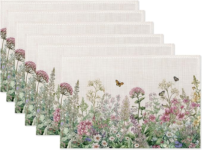 Vintage Wildflowers Placemats Set of 6,Butterfly Botanical Herbs Waterproof Heat Resistant Dining Table Plate Mat for Home Kitchen Dining Table 12x18Inch