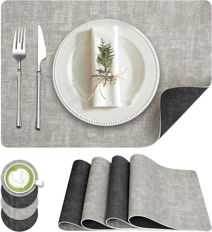 Placemats Set of 4, Faux Leather Heat Resistant Wipeable Placemats, Dual Sided Waterproof Washable Table Mats with Coaster, Suitable for Kitchen, Dining, Table Decor (4, Black Light Gray)