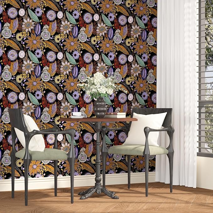 Dark Boho Wallpaper Peel and Stick,Vintage Black Yellow Purple Floral Contact Paper, Botanical Flowers Retro Wall Paper Self Adhesive Removable Waterproof for Walls Shelves Cabinet Table 17.5" x 118"
