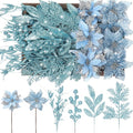 60 Pcs Christmas Glitter Branches 6 Styles Artificial Christmas Picks Berries Stems Poinsettia Flowers Pine Needles Floral Twig Spray for Xmas Tree Ornaments DIY Wreath Garland(Light Blue)