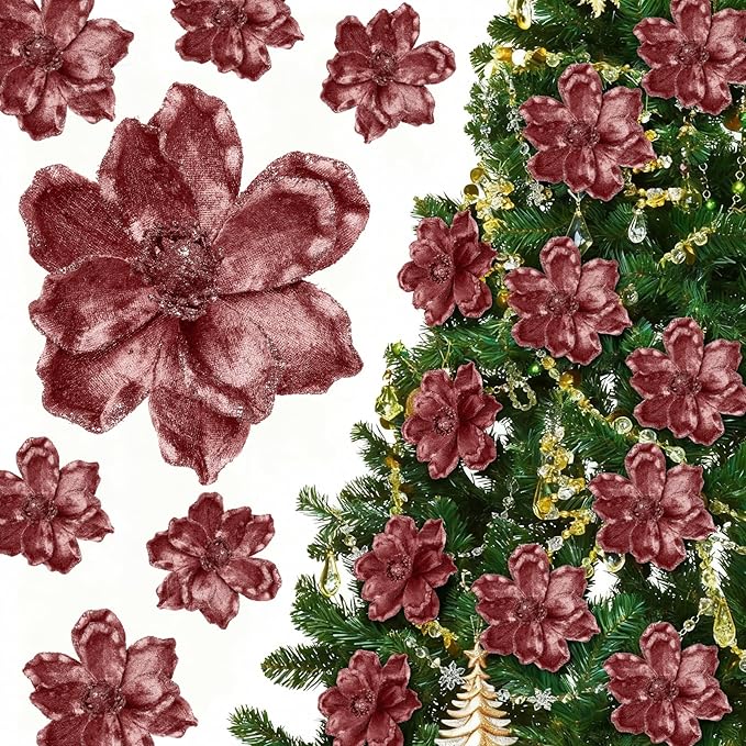 20 Pcs Christmas Glitter Poinsettia Magnolia Flowers Ornaments Large Heads Artificial Magnolia Flowers for Christmas Tree Xmas Wreath Holiday Wedding Decor(Rose Gold)