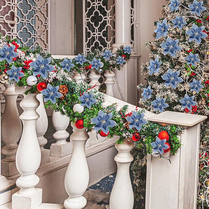 WILLBOND 24 Pcs 3 Size Poinsettia Flower Artificial Christmas Decor Glitter Poinsettia Christmas Ornaments Faux Flowers for Xmas Tree Outdoor(4/6/7.9 Inches,Dusty Blue)