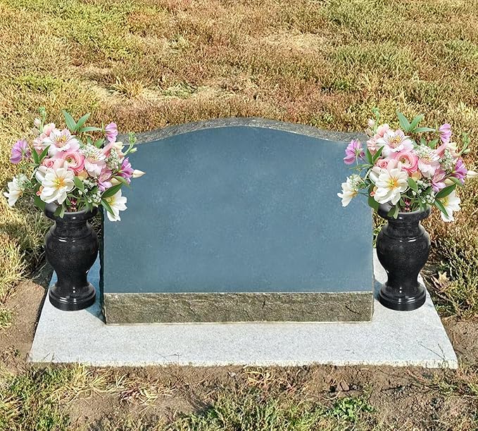 Cemetery Vase, Turned Granite Vase Polished, Black Memorial Stone Vases with Draining Holes for Home Tabletop, Cemetery Flowers, Grave Headstone Decorations (2Pcs, Black)