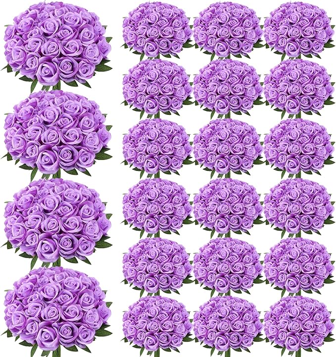 150 Pcs Roses Artificial Flowers, Silk Purple Artificial Flowers Petals Long Stem Roses for Wedding Bouquet Home Party Decor