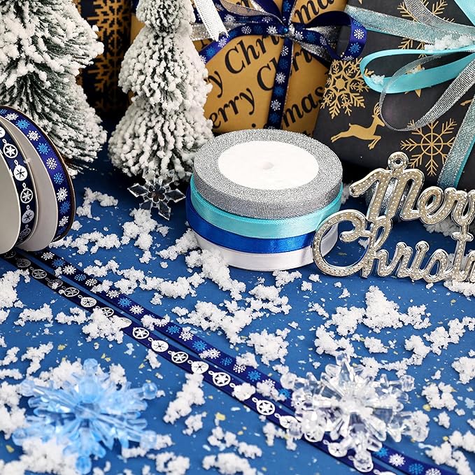 6 Rolls Snowflake Wrapping Ribbon 3/8 Inch x 150 Yards Glitter Christmas Holiday Blue Sliver Winter Ribbons for Christmas Tree Wrapping Decoration Floral Bows (Winter)