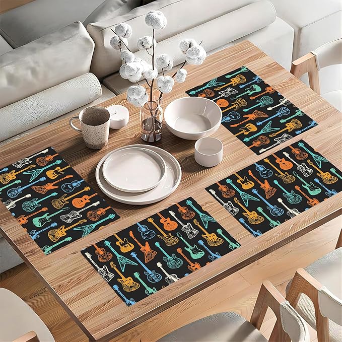 Colorful Guitar Placemats Set of 4, Placemats for Dining Table,Heat Resistant Stain Resistant Wipeable Table Mats for Kitchen Dining Holiday Party Home Decor,12x18 Inch