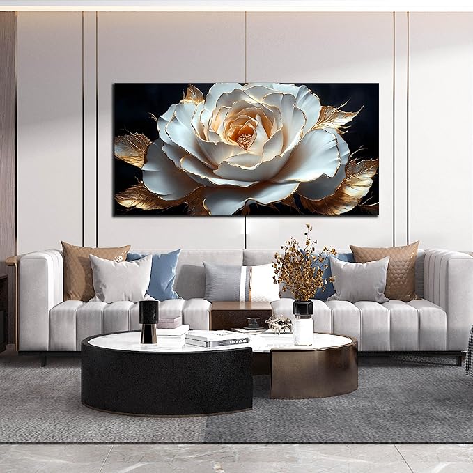 Large White Flower Canvas Wall Art for Living Room Bedroom Home Office Black and White Flower Picture Modern Canvas Prints Framed Wall Decor Artwork Size 29x59