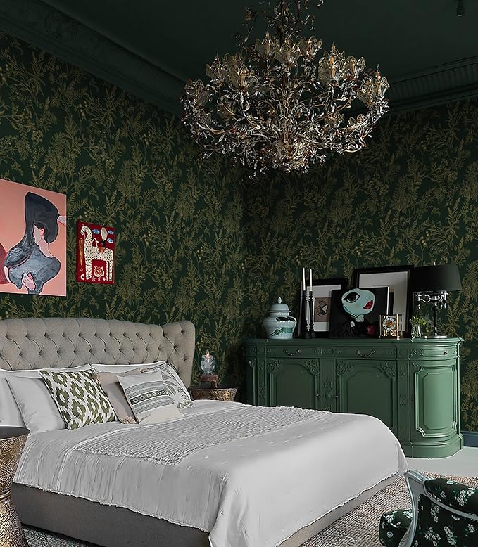 Peel and Stick Wallpaper Dark Green and Gold Floral Wallpaper Vintage Flower and Leaf Contact Paper for Cabinets Self-Adhesive Removable Wallpaper for Bedroom Bathroom Kitchen 394"x17.3"