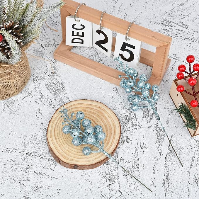 Red Berries, 14 Pack Artificial Berry Stems for Christmas Tree Decorations, Crafts, Holiday and Home Decor, 7.9 Inches (Light Blue)