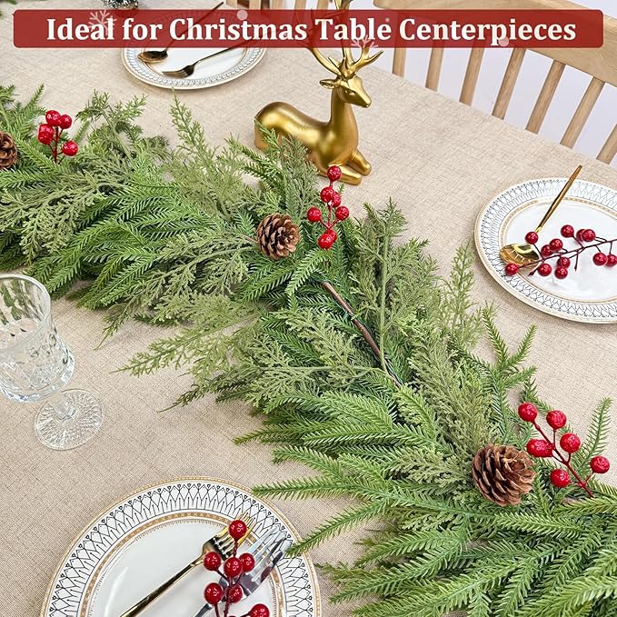 6 Ft by 10 Inch Prelit Christmas Garland with Lights Timer 8 Modes, Real Touch Norfolk Pine Garland 100 Pine Cypress Tips Pinecones Berried Cedar Garlands Thick Greenery Garlands for Home Table Mantle