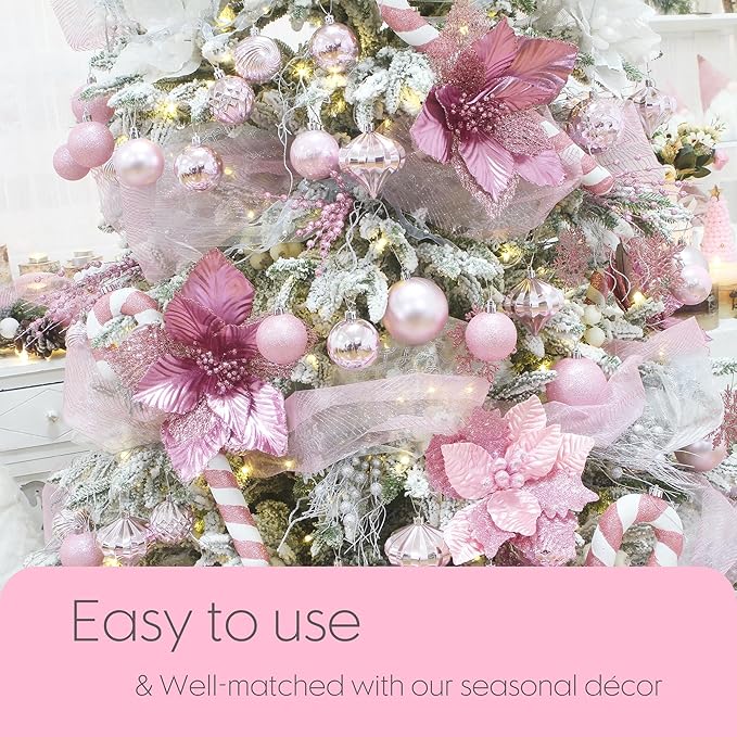 Sea Team 24-Pack Artificial Glitter Berry Stem Ornaments, Decorative Bead Sticks, Glittery Twigs, Picks, Branches for Christmas Tree, Small Vase, Holiday, Wedding, Party (17 Inches, Pink)