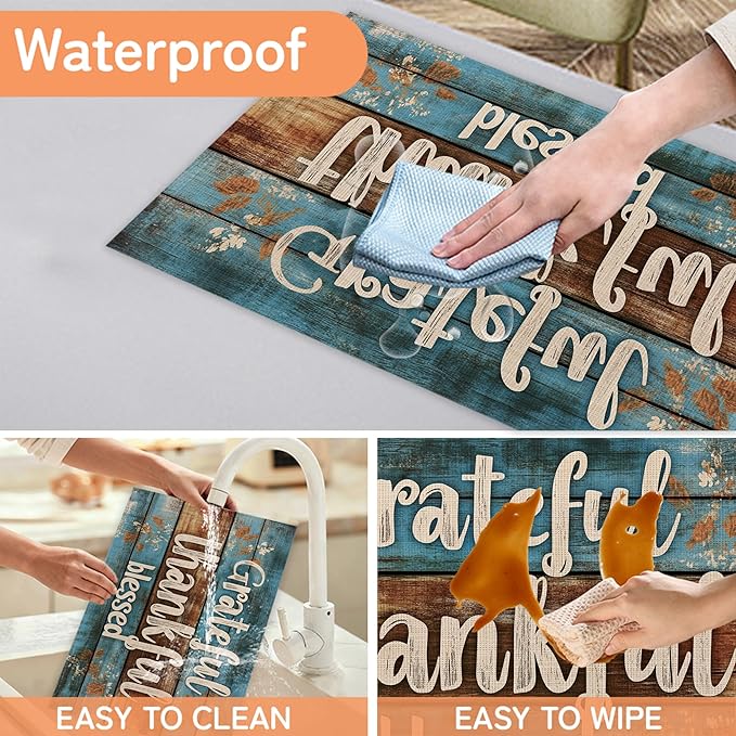 Grateful Thankful Blessed Placemats Set of 6,Wood Grain Dinner Table Mats Non-Slip Washable Mats for Kitchen Dinner Party Tablemat 12x18Inch