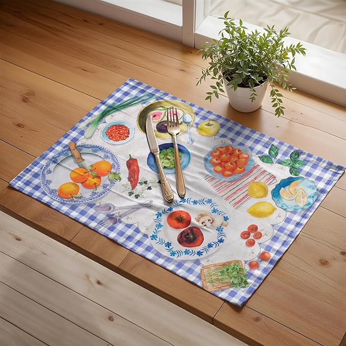Maison d' Hermine Placemats Set of 4 100% Cotton Washable Cloth Place Mats, Reusable Table Mats for Kitchen Dining Decoration, Party, Wedding, Restaurant Spring/Summer (Gourmand, 13" x 19")