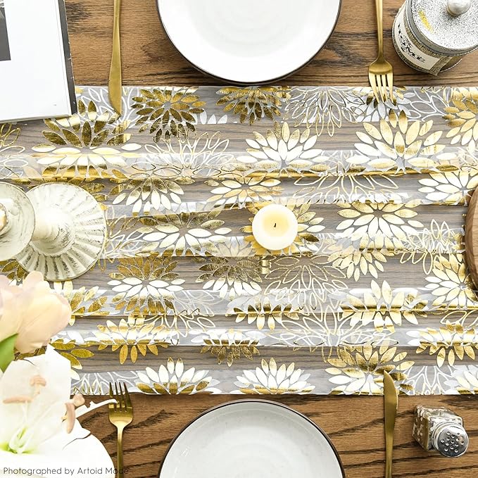 Artoid Mode 3PCS Beige Gold Dahlia Flower Gauze Table Runner 120 Inch 10FT, Glitter Metallic Foil Seasonal Sheer Dining Holiday Table Decor for Home Party