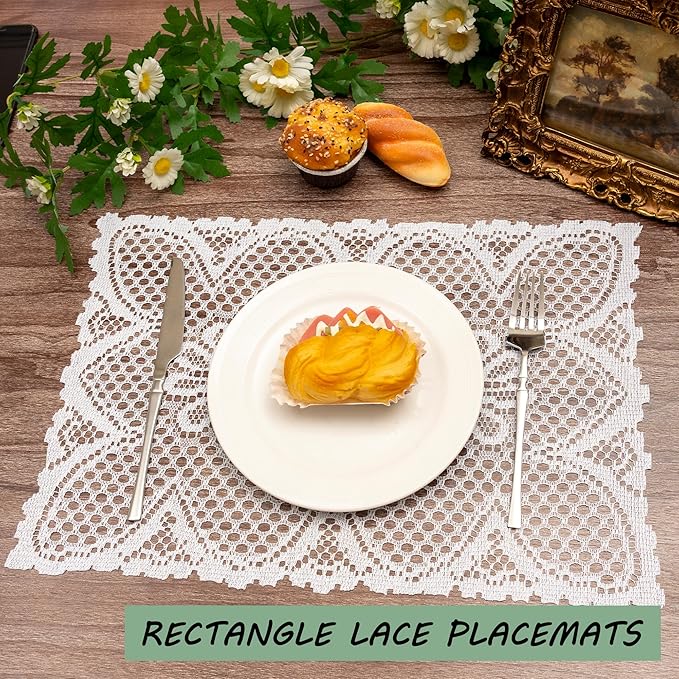 Jayla 2 Pcs Rectangle Lace Placemats for Tables Embroidered Lace Tablemats Vintage Crochet Floral Table Runner Vintage Wedding, Tea Party Decor,12x17 Inch