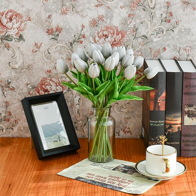 Mandy's Artificial Tulips 20 Stems Silver Grey PU Faux Flowers for Thanksgiving and Christmas Decorations Wedding Home Decor 13.5 Inch