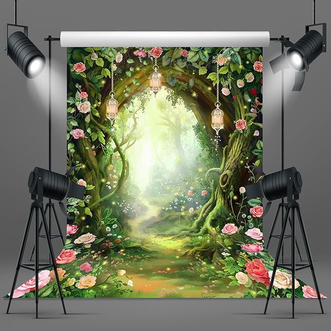 Riyidecor Enchanted Fairy Backdrop Polyester Fabric Greenery Woodland Tale Wonderland Flower Rose Fantasy Spring Nature Tree 5Wx7H Feet Floral Plant Photography Background Birthday Photo Studio Shoot