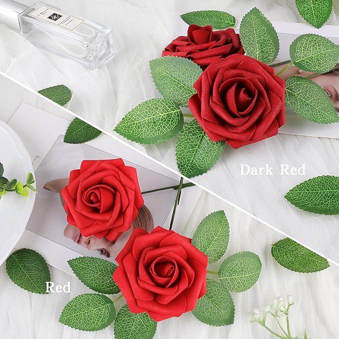 AmyHomie 25pcs Real Looking Artificial Red Roses w/Stem for DIY Wedding Bouquets Centerpieces Arrangements Party Baby Shower Valentines Day Christmas Tree Decorations