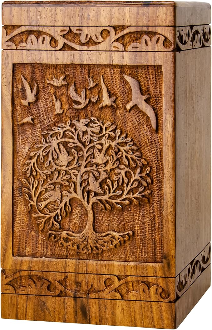 INTAJ Handcarved Wooden Cremation Urn for Human Ashes - Tree of Life Design, 180 lbs Capacity, Suitable for Adult Men and Women - Decorative Funeral Urn Box and Casket - Wooden Carved Box