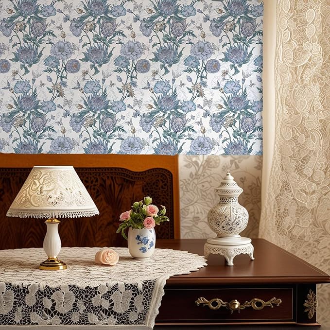 Floral Wallpaper Peel and Stick Floral Contact Paper Blue and Purple Wall Paper Removable Self Adhesive Vinyl Stick on Wallpaper for Bathroom Bedroom Decor 17.3in x 118in