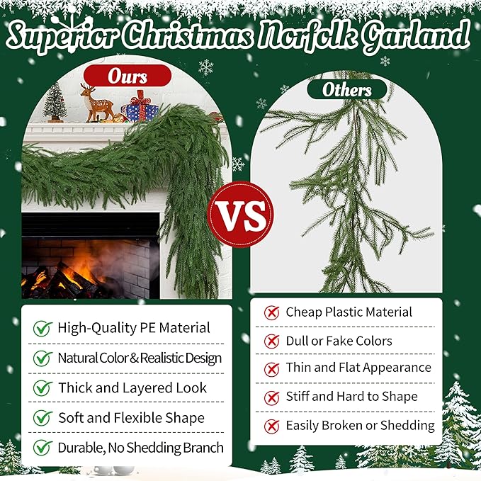 Palonu 4 Pcs 5Ft Artificial Norfolk Garland, Faux Christmas Greenery Touched Like Real Needles Pine, Decoration for Table Mantle Wall Porch Fireplace Indoor Outdoor Winter Holiday Décor