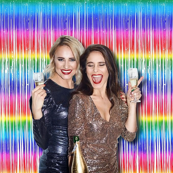 BRAVESHINE Tinsel Foil Curtains - 2 Pack Colorful Party Streamers Fringe Backdrop for Christmas/New Years/Doorway/80s/90s/Dance/Bachelorette/Engagement/Rainbows-theme/Candy/Kids Birthdays Decorations