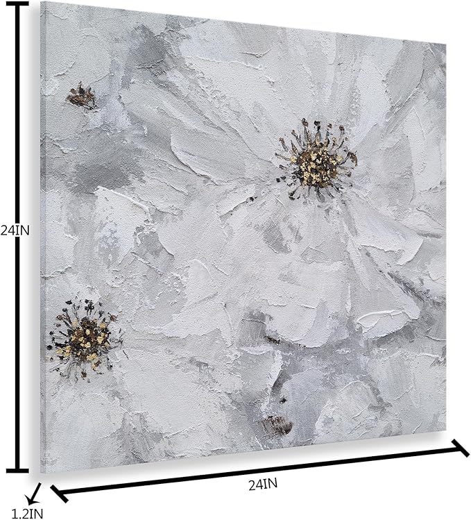 SYGALLERIER White and Gray Flower Blooms Wall Art - Handcrafted Floral Canvas with Gold Foil Embellishments Modern Flower Wall Decor for Livingroom Bedroom Bathroom 24X24