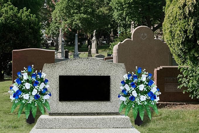 Artificial Cemetery Flowers, Gravesite Decoration Roses, Memorial Bouquets with Cemetery Vase, Vibrant and Long-Lasting Colors (Dark Blue+White, 2 Bundles)