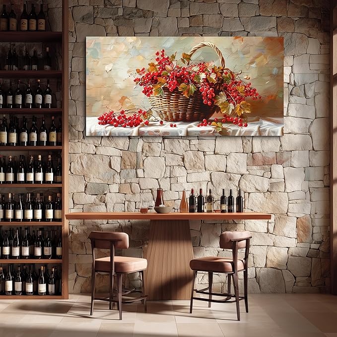 hyidecorart Large Canvas Print Wall Art Rustic Dining Room Artwork For Walls Still Life Bamboo Basket And Fruit Vintage Wall Decor Modern Pictures For Living Room Kitchen Bar Paintings Ready To Hang