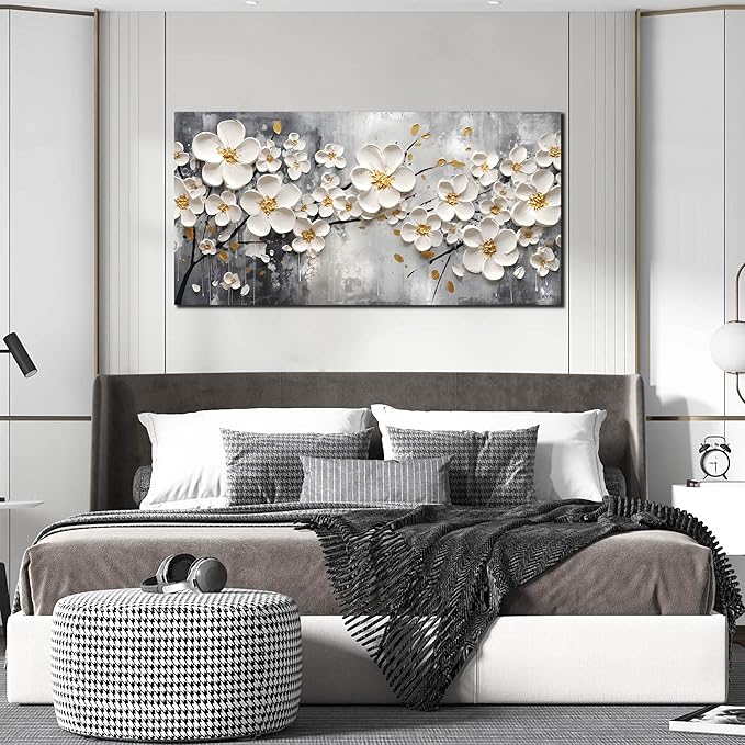 White Flower Pictures Wall Art for Bedroom - Floral Wall Decor for Office Women - Girls Wall Decor for Bedroom Size 24" x 48"