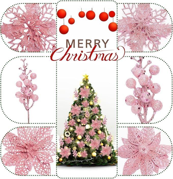 22-Piece Christmas Poinsettia Artificial Flower and Glitter Berries Kit with Tree Ornaments and Picks for Holiday Decor