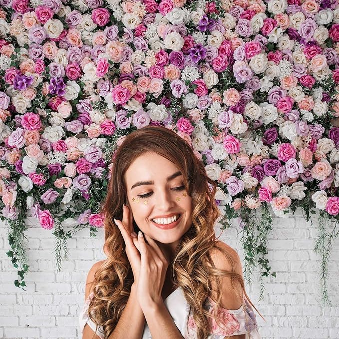 Rose Flowers Backdrop Beautiful Decorative Colorful Roses and Peonies on Brick White Wall Photography Background Interior Wedding Party Decorations Summer Flowers on Wall Building Props 15x8ft