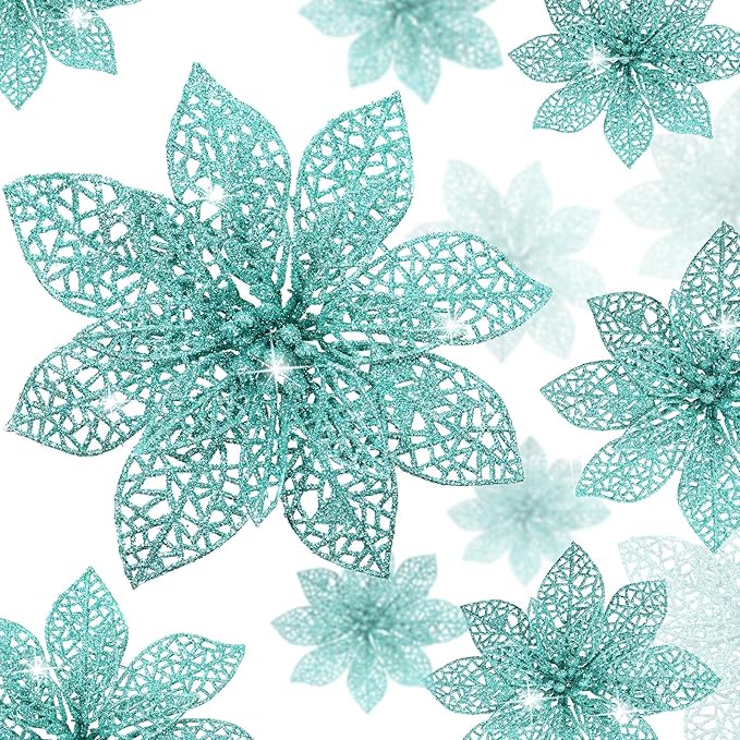 Boao Teal 24 Pieces Poinsettia Flower Christmas Glitter Artificial Poinsettia with Clips Christmas Tree Ornament Decorations for DIY Xmas Wreath Holiday Home Party Decor, 3/4/6 Inches