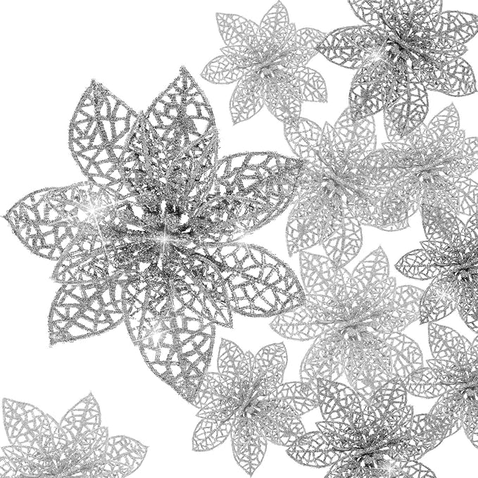 Boao Silver 24 Pieces Poinsettia Flower Christmas Glitter Artificial Poinsettia with Clips Christmas Tree Ornament Decorations for DIY Xmas Wreath Holiday Home Party Decor, 3/4/6 Inches