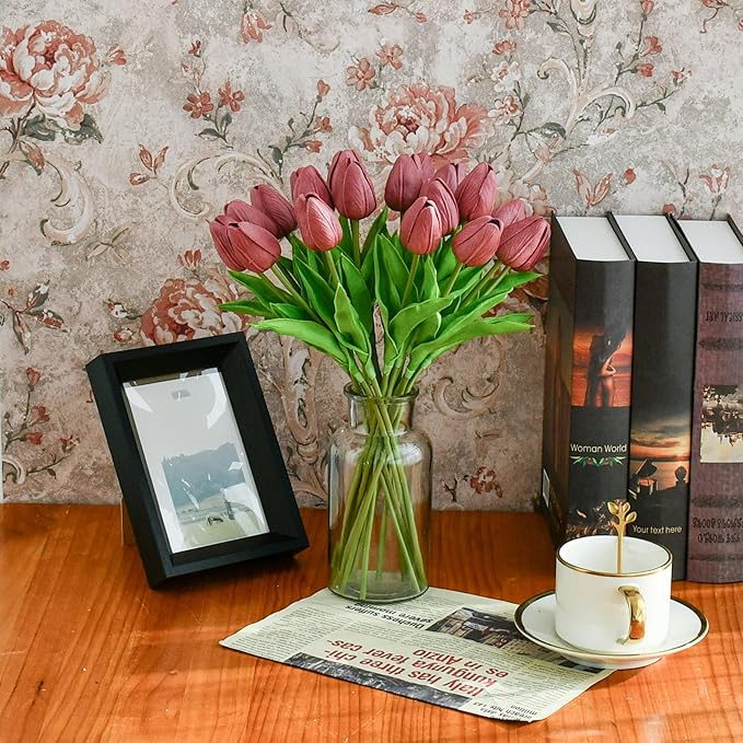Mandy's Artificial Tulips 20 Stems Mauve PU Faux Flowers for Thanksgiving and Christmas Decorations Wedding Home Decor 13.5 Inch