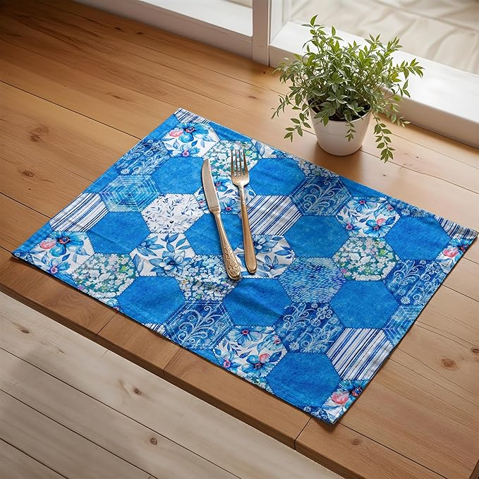 Maison d' Hermine Placemats Set of 4 100% Cotton Washable Cloth Place Mats, Reusable Table Mats for Kitchen Dining Decoration, Party, Wedding, Restaurant Spring/Summer (Summer Blues, 13" x 19")