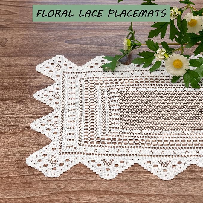Jayla 2 Pcs Rectangle Lace Placemats for Tables Embroidered Lace Tablemats Vintage Crochet Floral Table Runner Vintage Wedding, Tea Party Decor,12x17 Inch