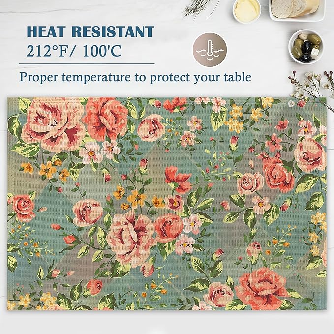 Placemats-Vintage Rose Floral Linen Table Place Mats Set of 4 Non-Slip Heat Resistant Table Mats for Dining Kitchen Cabin Decor 12x18 Inch