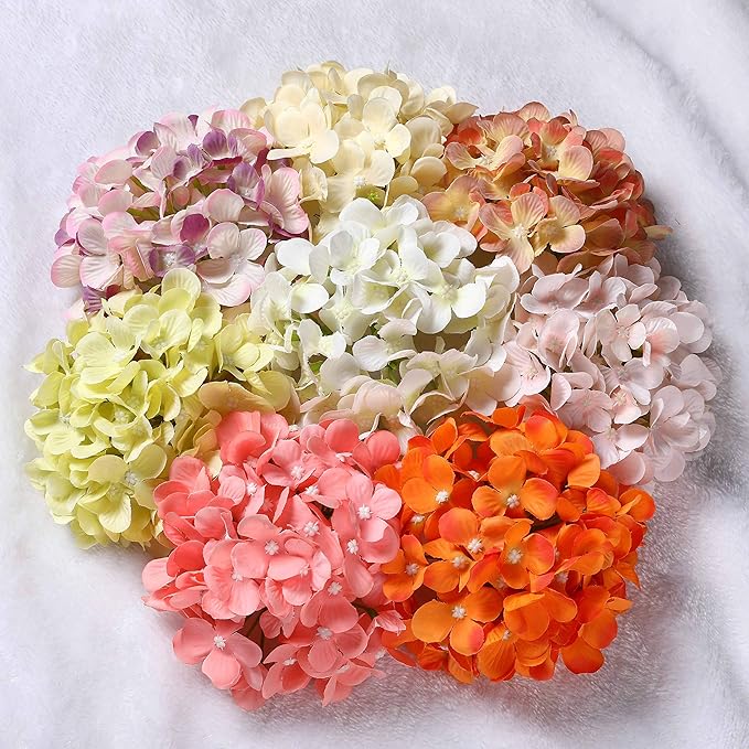 Silk Hydrangea Heads with Stems Artificial Flowers Heads for Home Wedding Decor,Pack of 10 (Light Orange)
