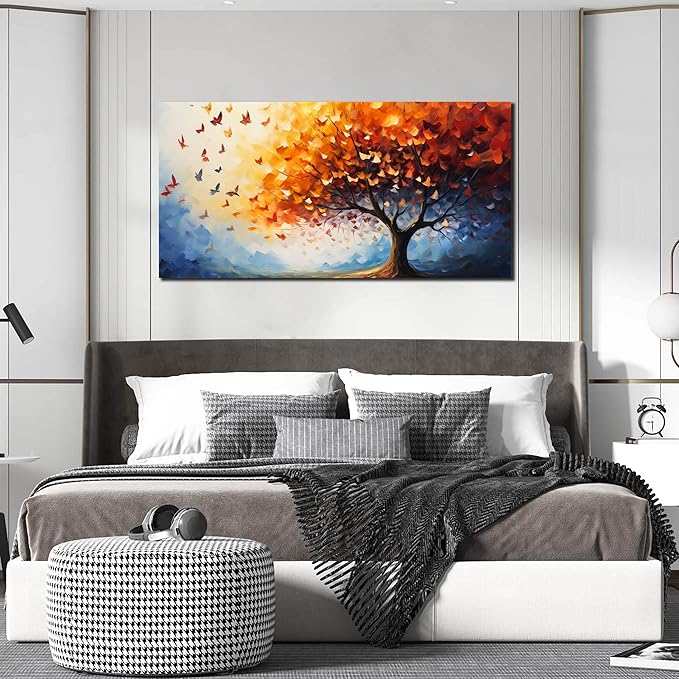ANCXWOTER Butterfly Tree Canvas Wall Art for Living Room Bedroom Home Office Orange and Blue Colorful Butterfly Picture Tree of Life Wall Art Large Modern Canvas Prints 24x48 In