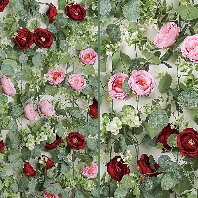 TOCHGREEN 4 Pack Artificial Eucalyptus Flower Garland with Red and Pink Roses, Fake Rose Flower Greenery Garland Floral Vines for Wedding Home Party Table Runner Decor (Red Pink, 4PCS)
